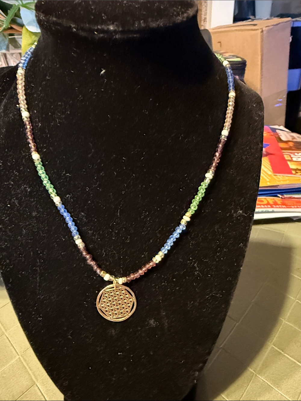 Beaded Multicolor Pendant Necklace - Flower of Life Design
